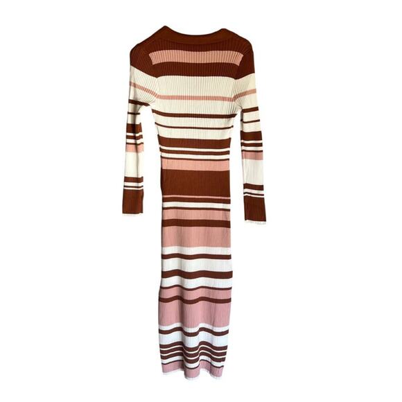 Brown White Pink Ribbed Striped Sweater Dress V-Neck Collared Bodycon Size XL - Picture 6 of 12